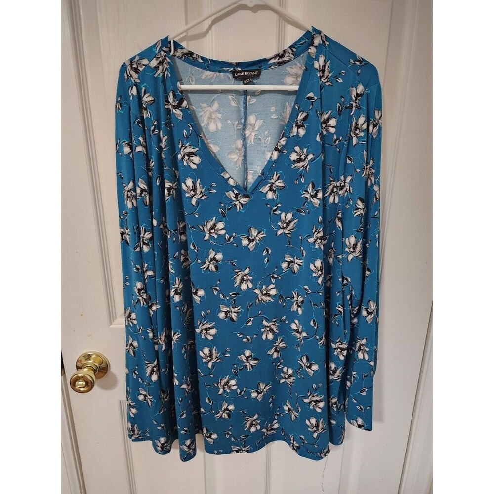 Lane Bryant Teal Blue Floral Long-Sleeve V-Neck Top Size 24